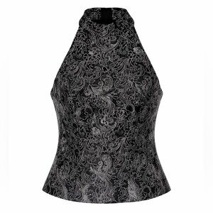 VTG Michaelangelo Halter Top Y2K Sz 8 Metallic Paisley Jacquard Silver Black 90s